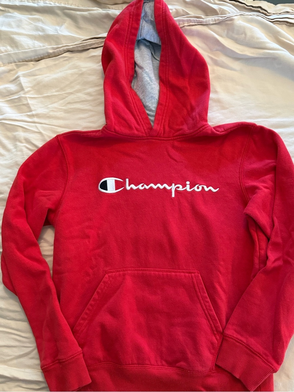 Champion Red Script Logo Pullover Hoodie Sweatshirt Youth Large